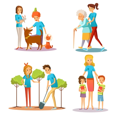 Caring for nature and people in social activities set isolated vector illustration