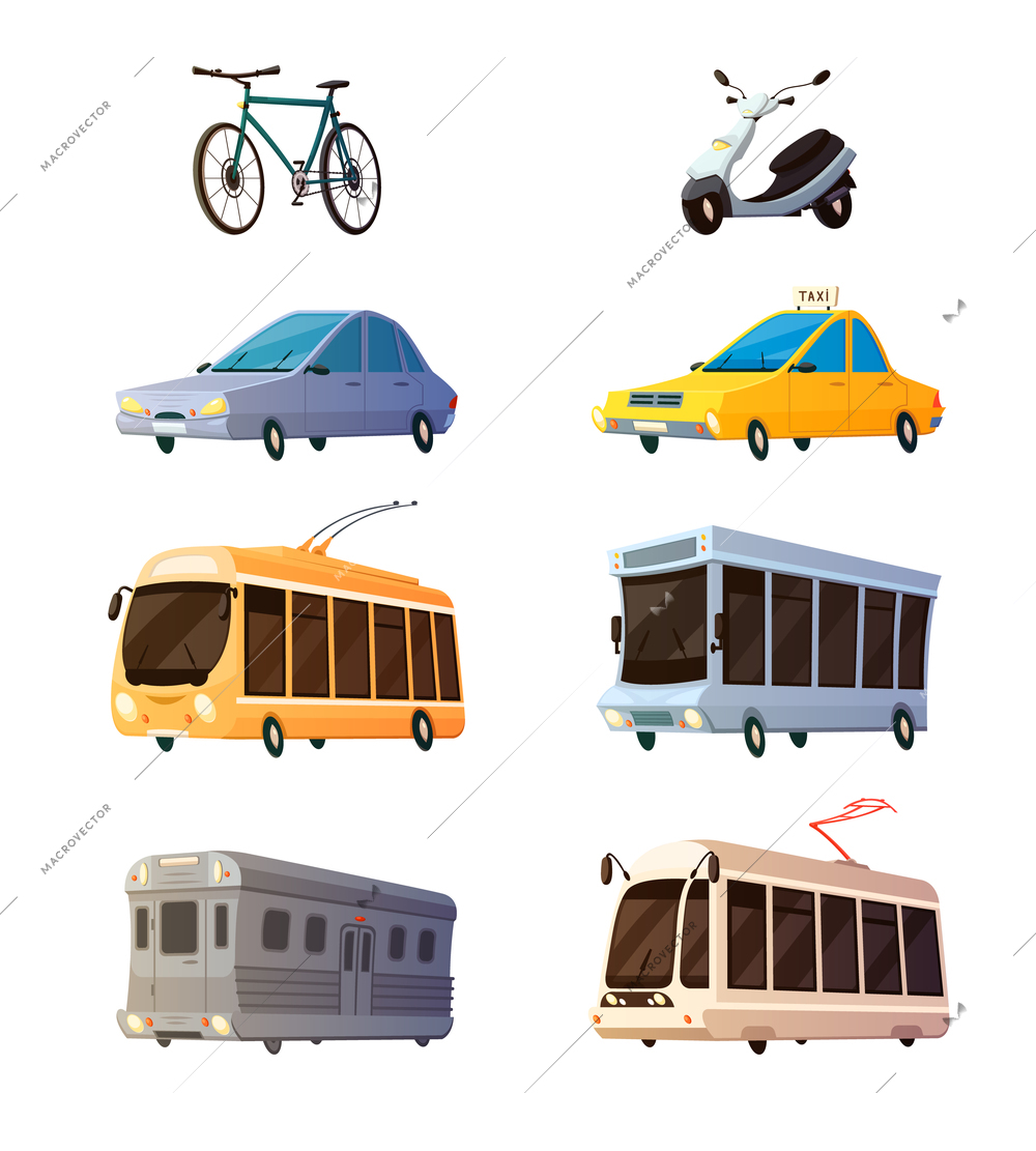 City transport retro cartoon icons set of bus tram trolley railcar bicycle yellow taxi flat images isolated vector illustration