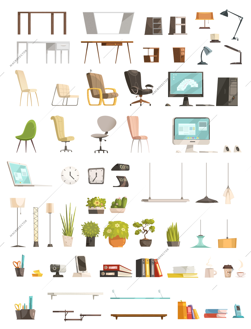 Modern office furniture organizers and accessories top design trends cartoon stile icons objects collection isolated vector illustration