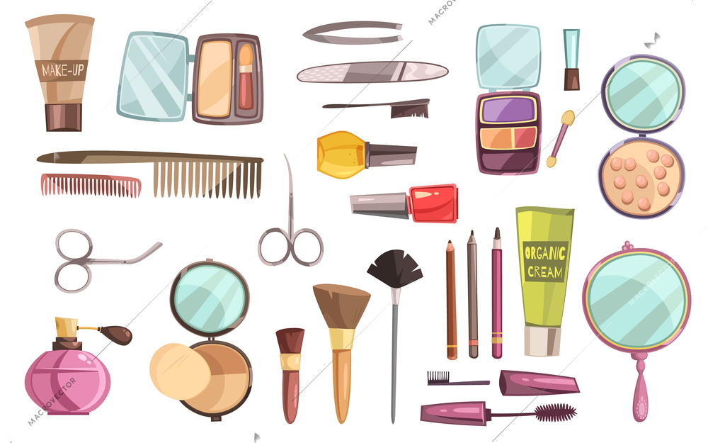 Flat set of decorative cosmetics for makeup  tools for manicure perfume and brushes isolated vector illustration