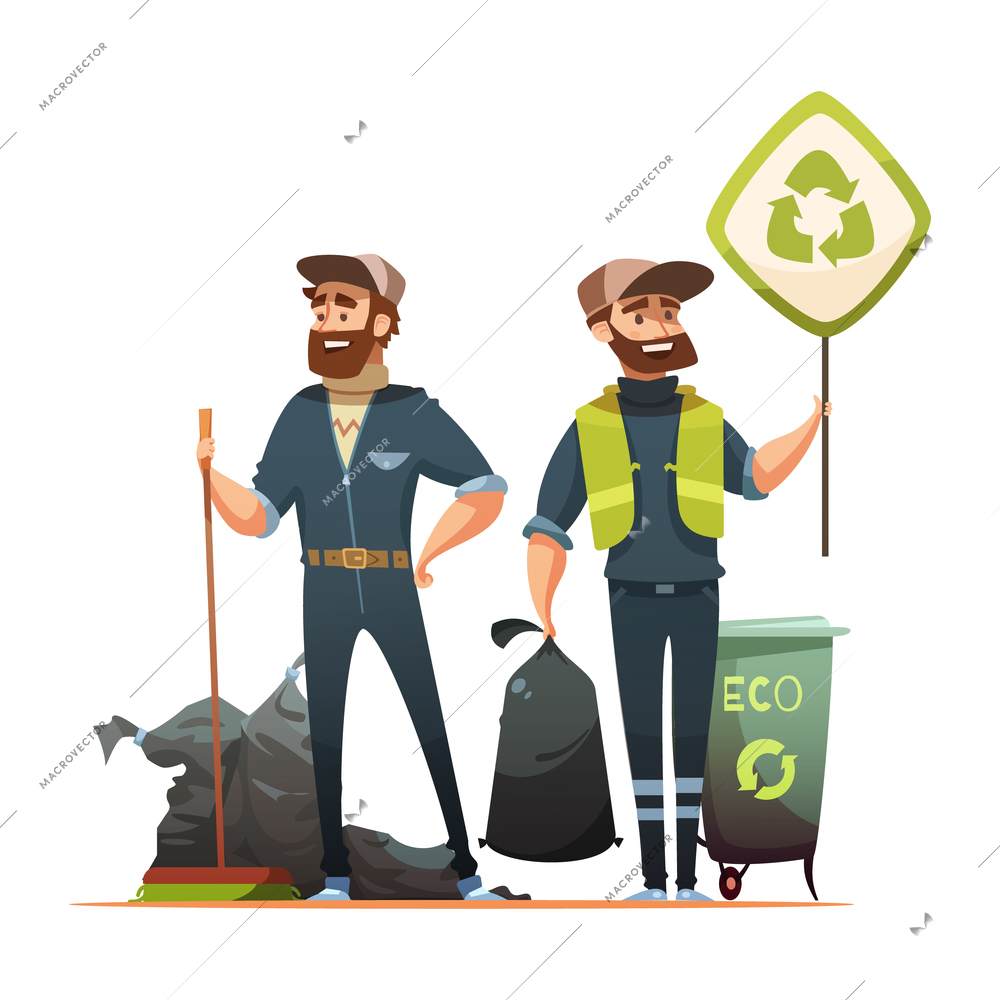 Ecologically responsible waste and garbage collecting for recycling cartoon poster with professional and volunteer garbageman vector illustration