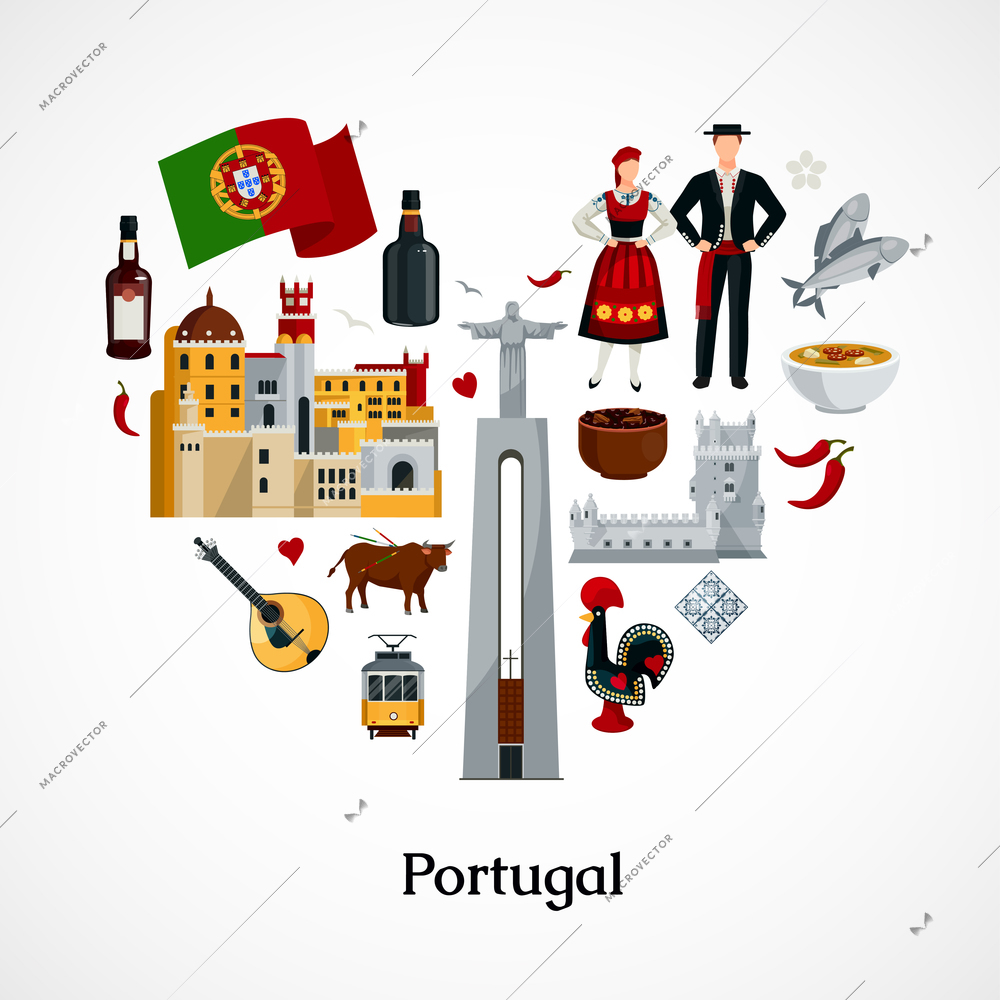 Flat design icon in form of heart with portugal national symbols attractions cuisine and attire on white background vector illustration