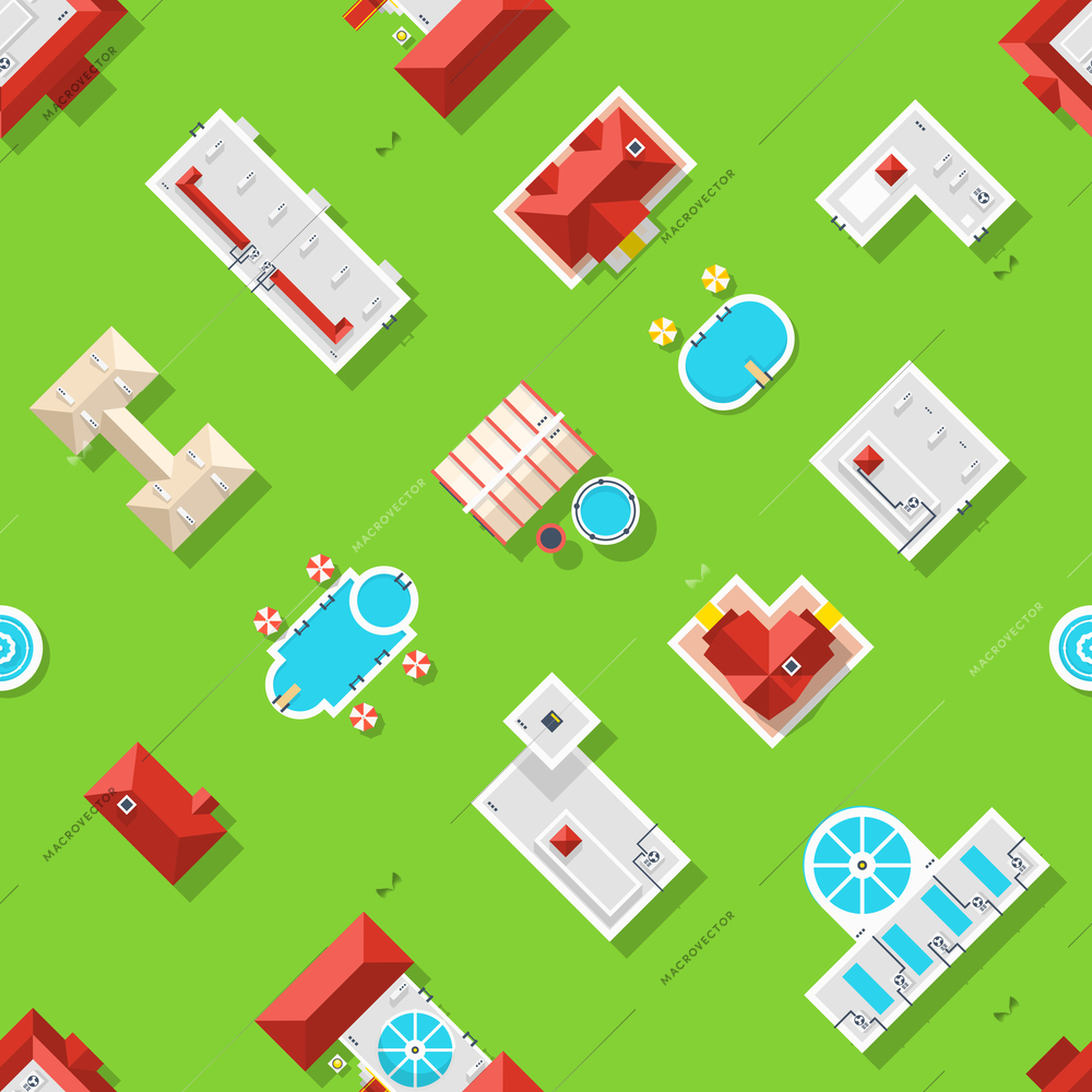 Seamless pattern with city elements like pools houses other buildings and grass top view vector illustration