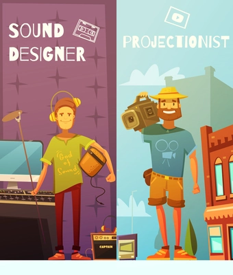 Two vertical cartoon banners with funny projectionist with camera on shoulder and sound designer with headphones console and microphone flat vector illustration