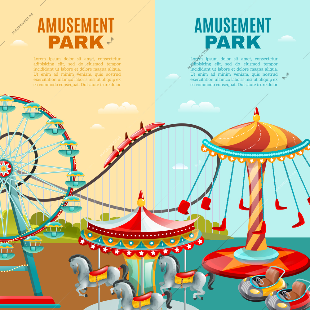 Amusement park cartoon vertical banners roller coaster ferris wheel and carousel flat vector illustration