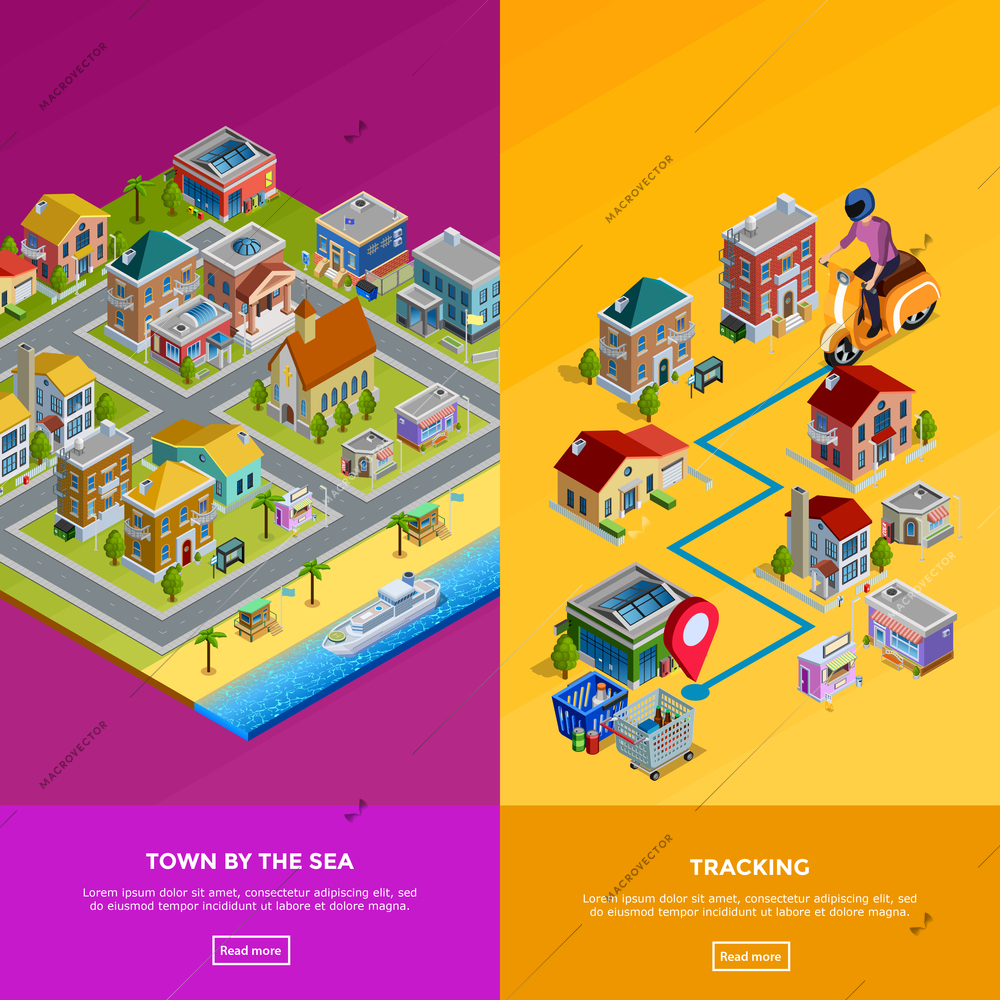 Isometric city banners with town by sea and delivery to house isolated vector illustration
