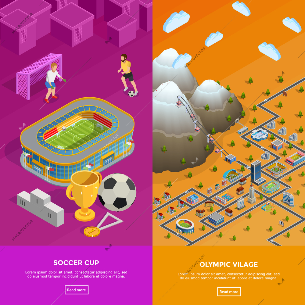 Olympic village park birds eye view and football cup soccer stadium 2 colorful isometric banners isolated vector illustration
