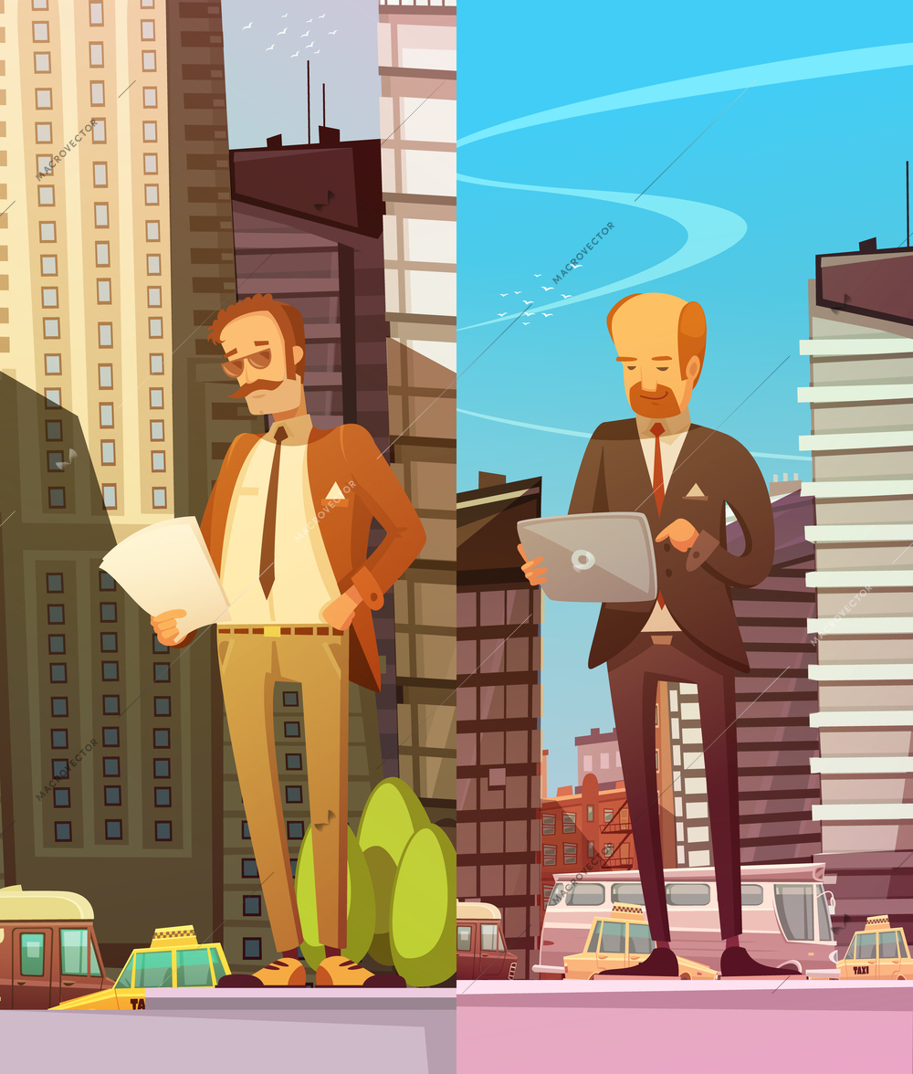 Two businessmen reading electronic and paper documents outdoor at big city background flat vector illustration