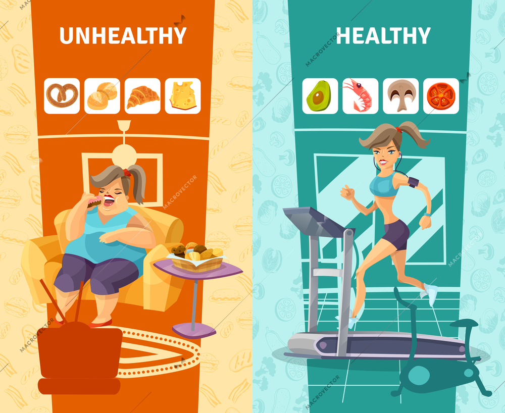 Healthy and unhealthy woman vertical banners set cartoon isolated vector illustration