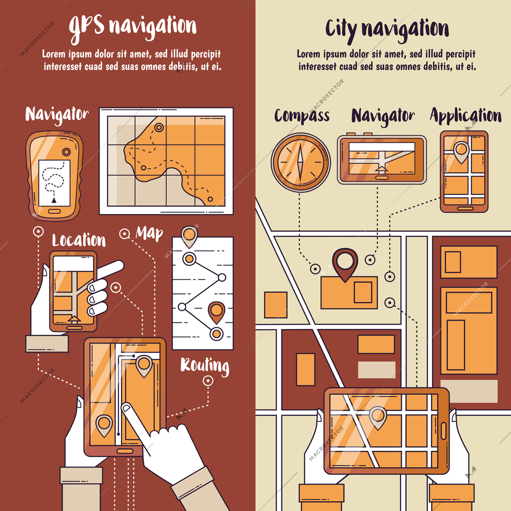 City navigation flat vertical banners with routing maps on screen of gadgets in people hands vector illustration