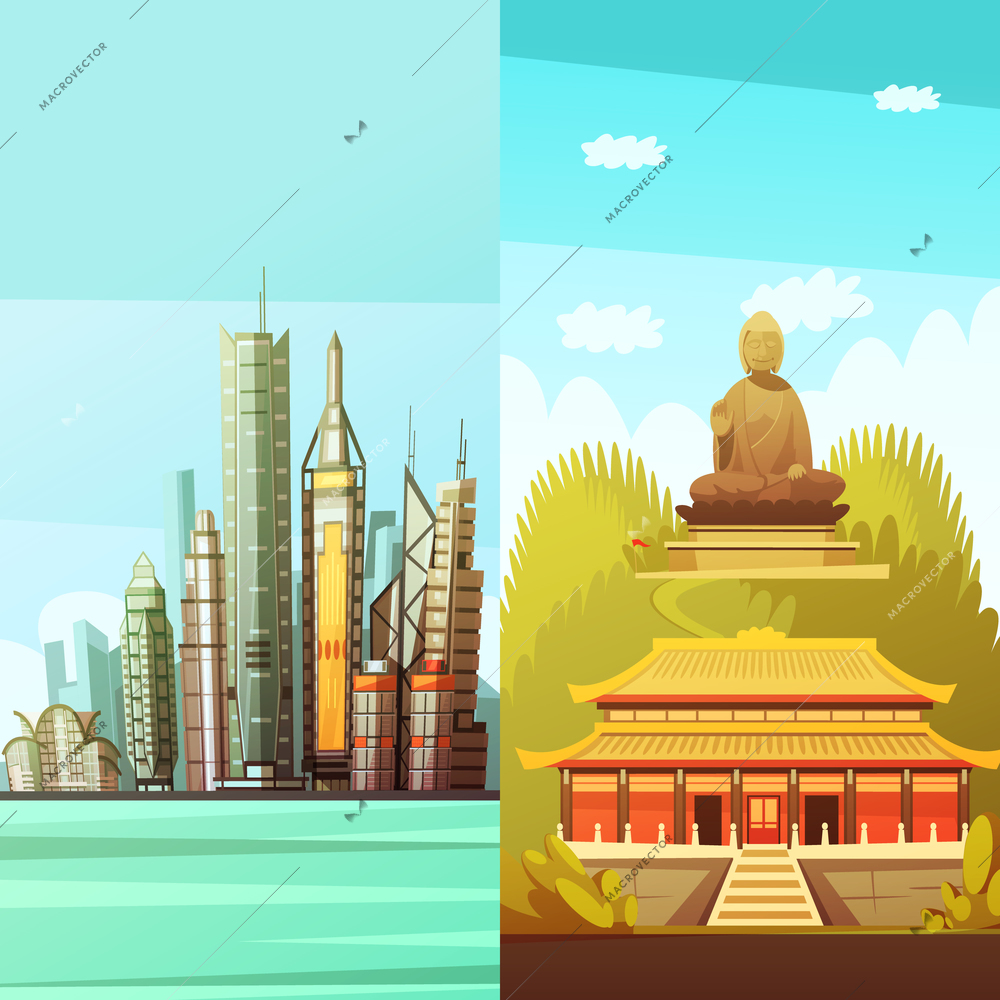 Hong kong vertical banners with colorful pictures of traditional east architecture and statue of big buddha flat vector illustration