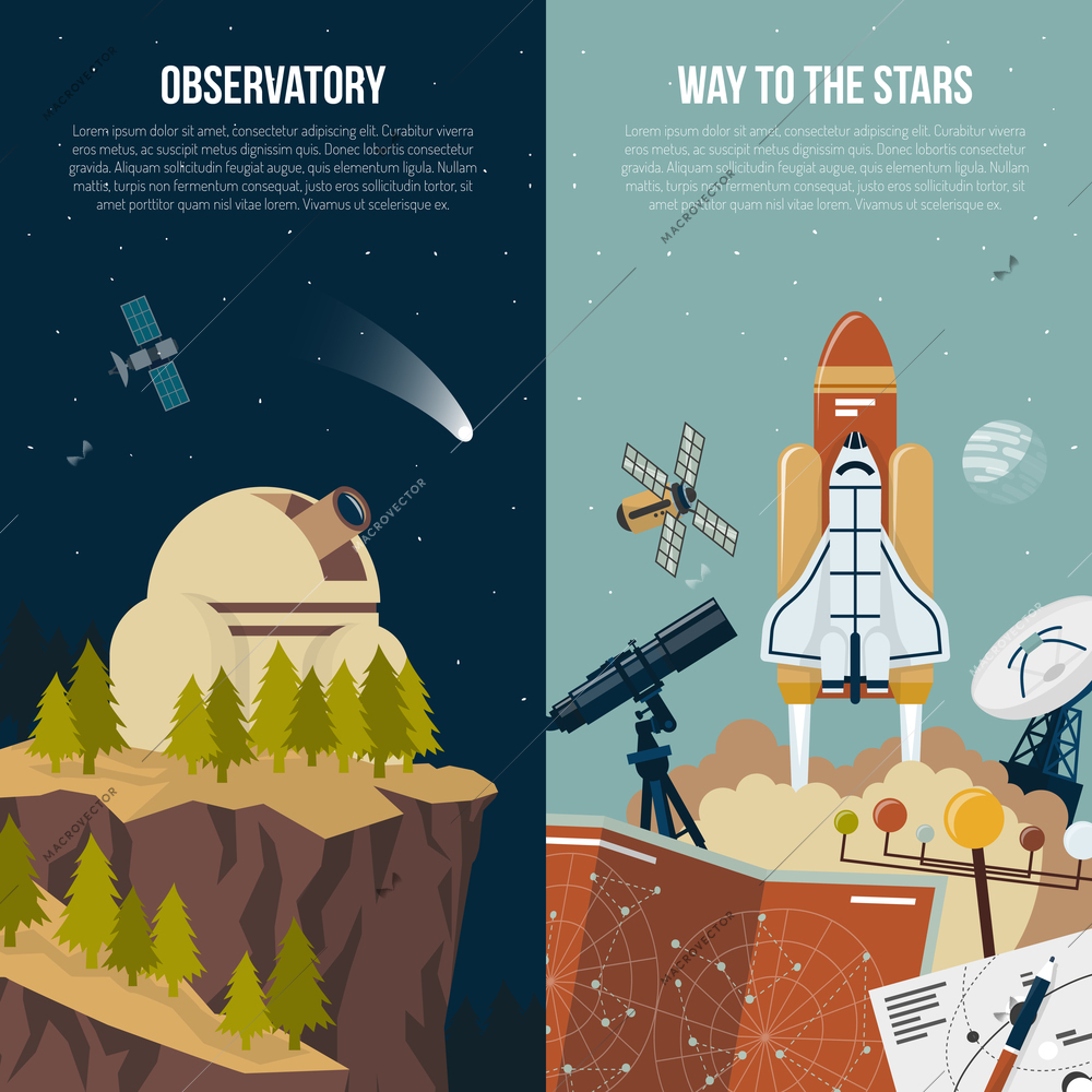 Astronomy vertical banners with observatory in mountains composition and collection of equipment for space flights flat vector illustration