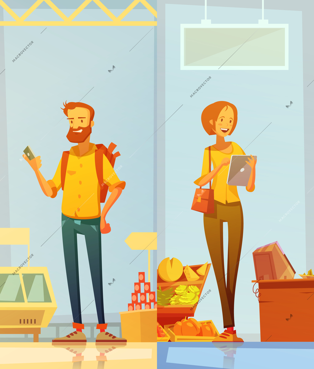 Happy cartoon buyers two vertical banners with man and woman standing in supermarket interior with gadgets in their hands flat vector illustration