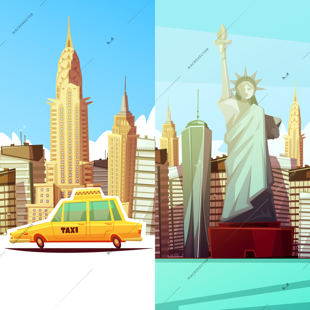 New york two vertical banners in cartoon style with manhattan landmarks skylines yellow taxi car flat vector illustration