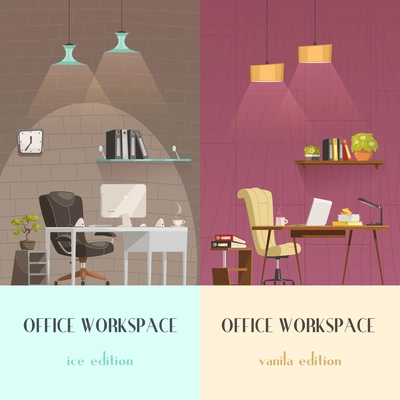Lighting solutions for modern office workspace pleasant environment 2 vertical cartoon banners colorful background isolated vector illustration