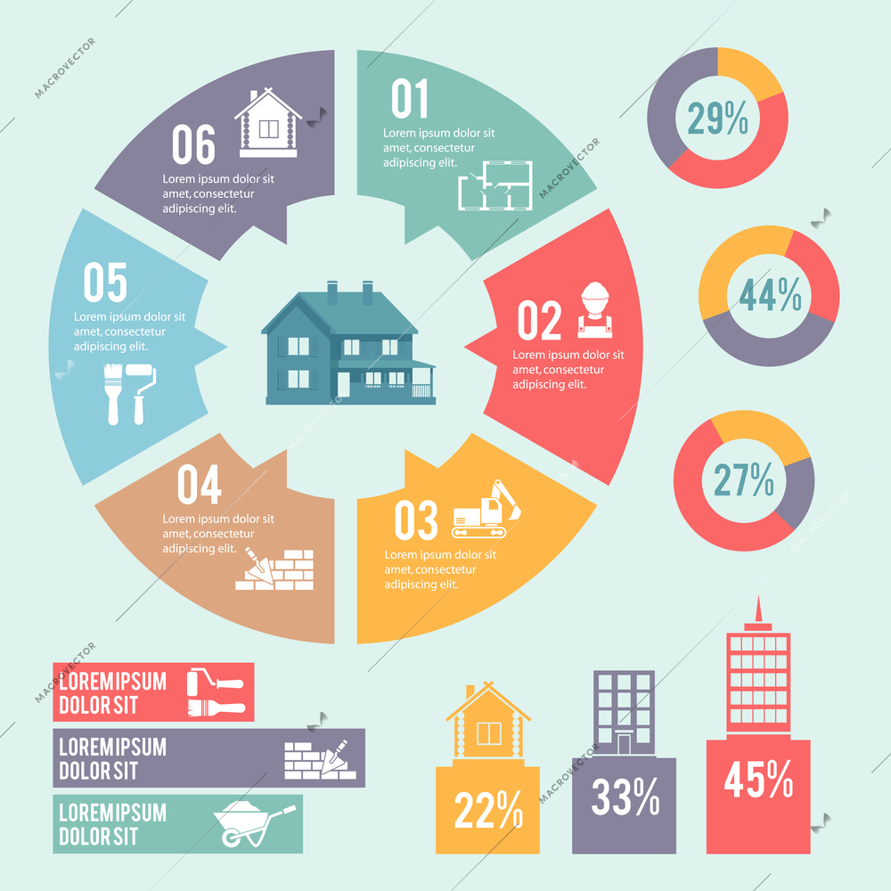 Construction engineering and building infographic elements with circle diagram vector illustration