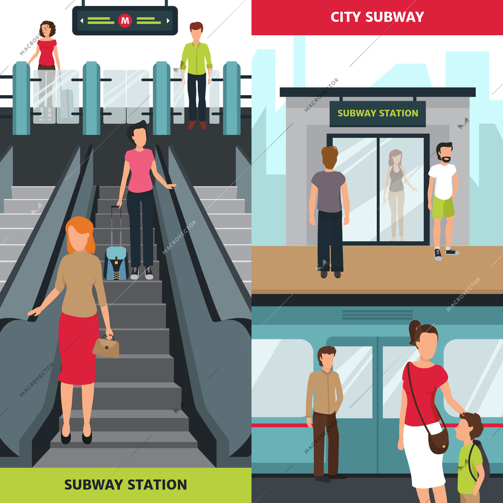 Flat vertical banners with people at subway station waiting for train and walikng through ticket barrier isolated vector illustration