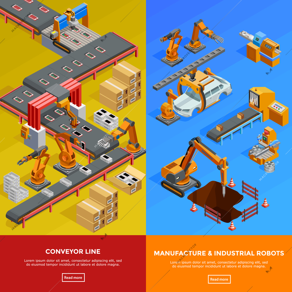 Manufacture robots in automotive industry conveyor lines 2 vertical isometric colorful banners webpage design isolated vector illustration