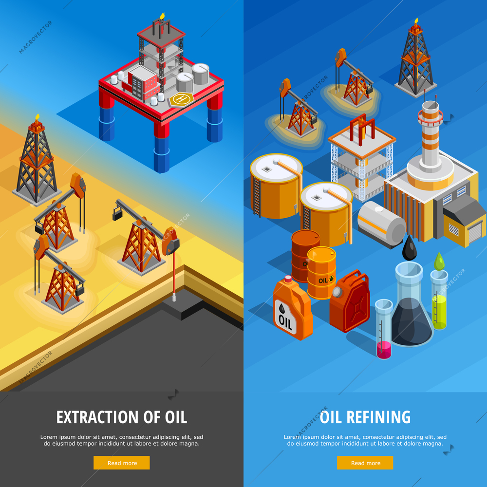 Gas oil industry production facilities 2 isometric vertical banners webpage design with offshore platform isolated vector illustration