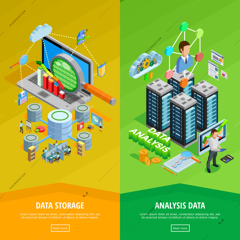 Big data storage and analysis technology informatio decisions 2 isometric vertical banners webpage design isolated vector illustration