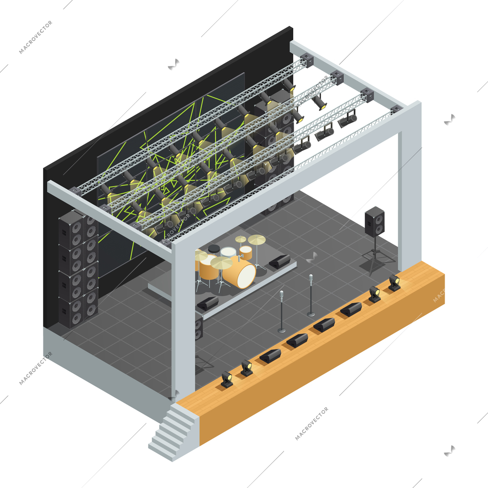 Concert stage isometric poster construction with microphones different speakers system of spotlights and drum kit vector illustration