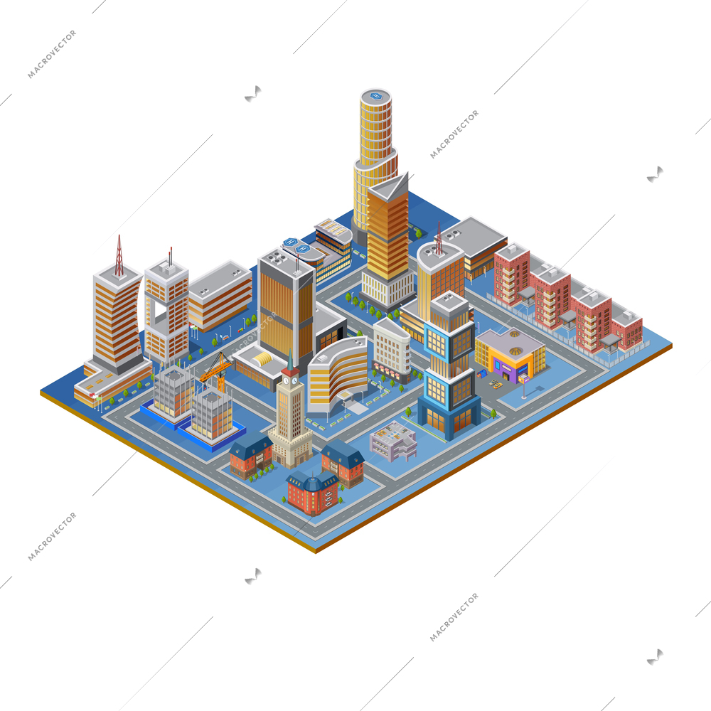 Isometric building set with skyscrapers towers modern and historic buildings on white background vector illustration