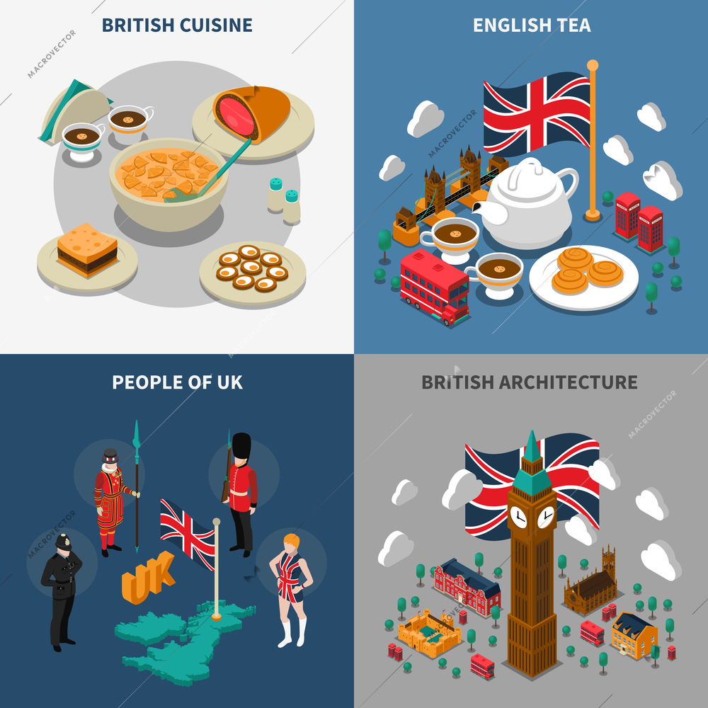 Great britain touristic isometric 2x2 icons set with british cultural elements architecture cuisine and people isolated vector illustration