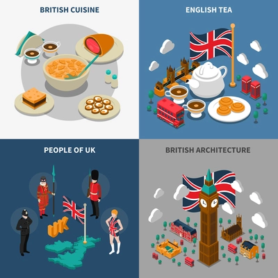 Great britain touristic isometric 2x2 icons set with british cultural elements architecture cuisine and people isolated vector illustration