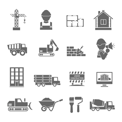 Construction vehicles facilities and building tools black icons set isolated vector illustration