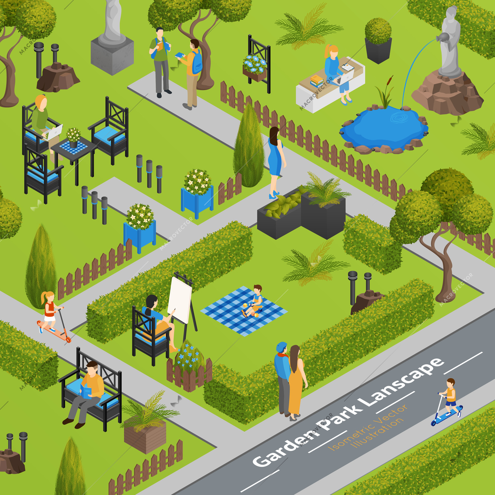 Garden park landscape with grass green fence and plants chairs and table for visitors isometric vector illustration