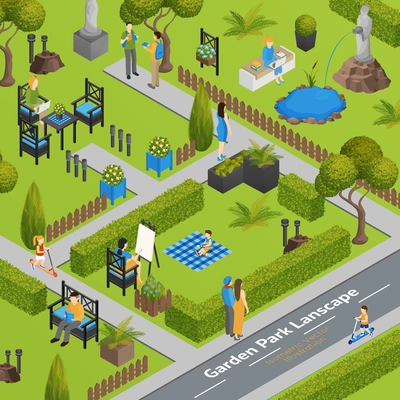 Garden park landscape with grass green fence and plants chairs and table for visitors isometric vector illustration