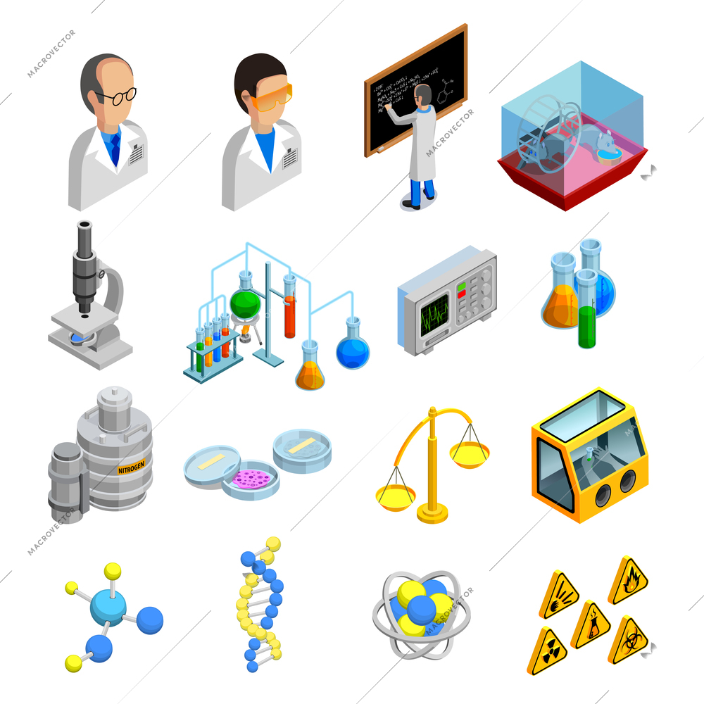 Science isometric icons set with experiment symbols on blue background isolated vector illustration