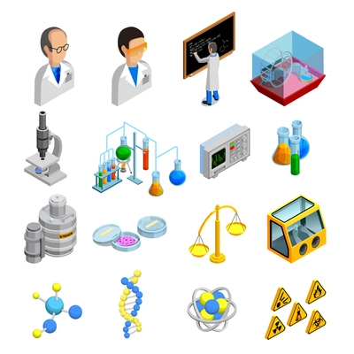 Science isometric icons set with experiment symbols on blue background isolated vector illustration