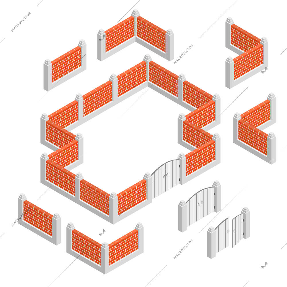 Fences abstract isometric design concept with set of brick fence sections wall and gate isolated vector illustration