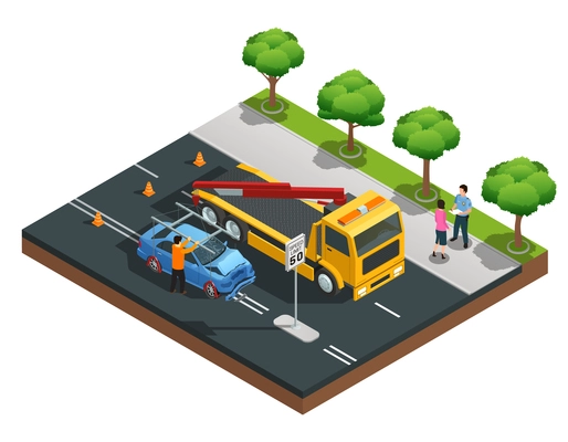 Road accident isometric composition with damaged car evacuator drivers and policeman vector illustration