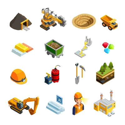 Mining isometric icons set with minerals symbols isolated vector illustration