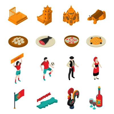 Touristic Portugal isometric icons set with football food and architecture symbols isolated vector illustration