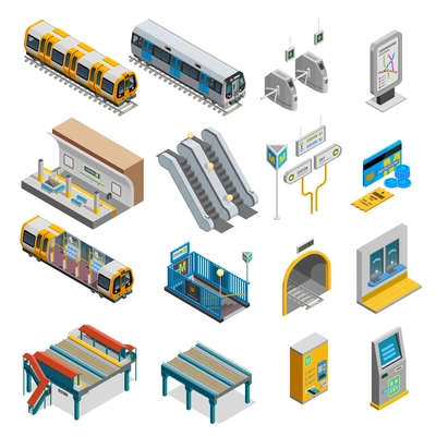 Underground isometric set with train and station symbols isolated vector illustration