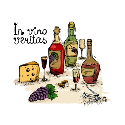 In vino veritas, wine still life isolated vector illustration