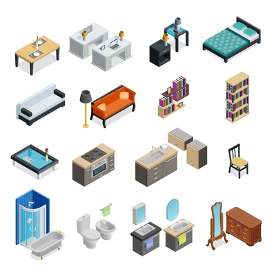 Interior isometric objects set with table chair and lamp isolated vector illustration