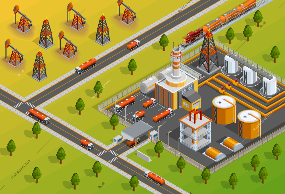 Petroleum industrial refinery plant facility for processing crude oil in gasoline and diesel fuel isometric poster vector illustration