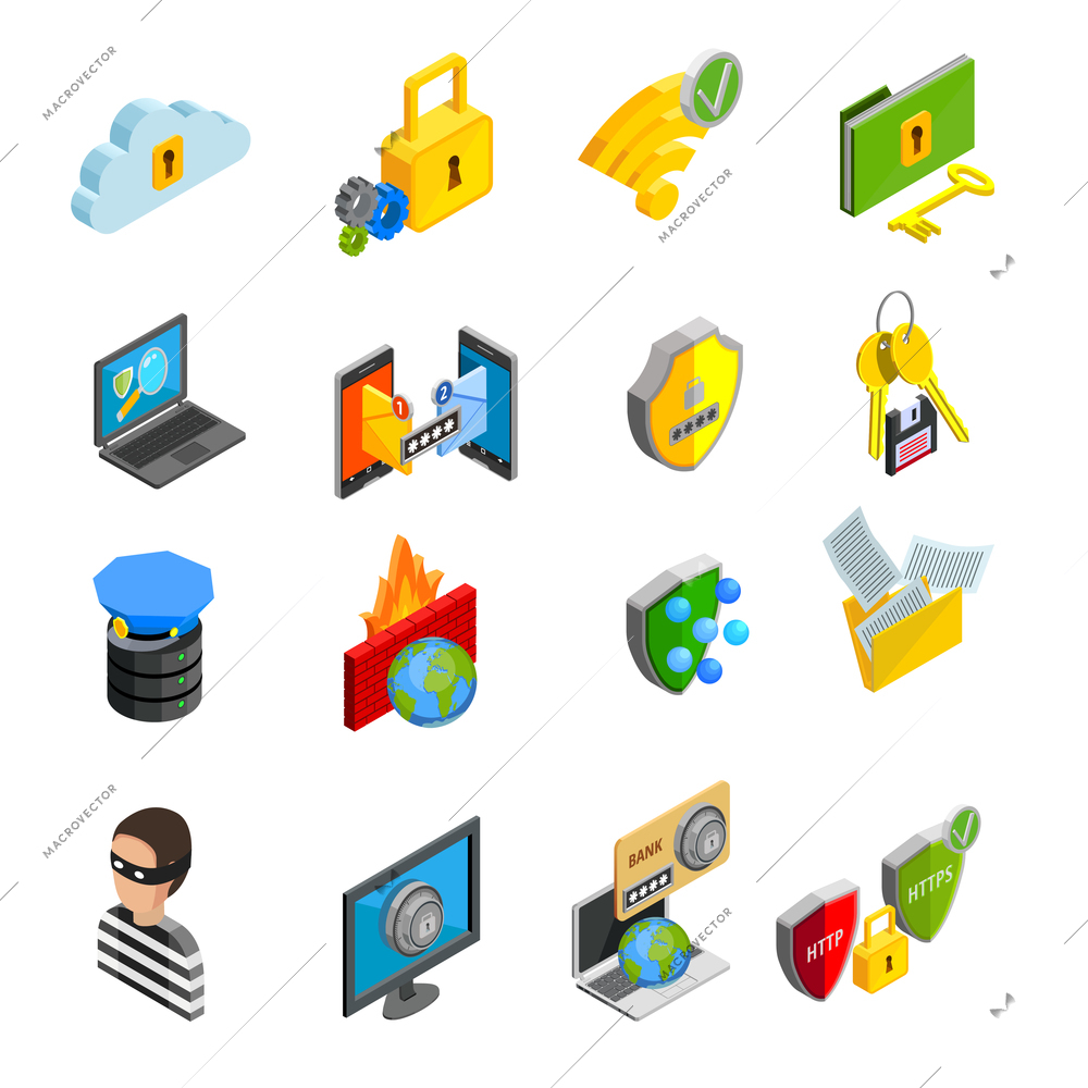 Data protection and storage icons set with laptop computer and smartphone isometric isolated vector illustration