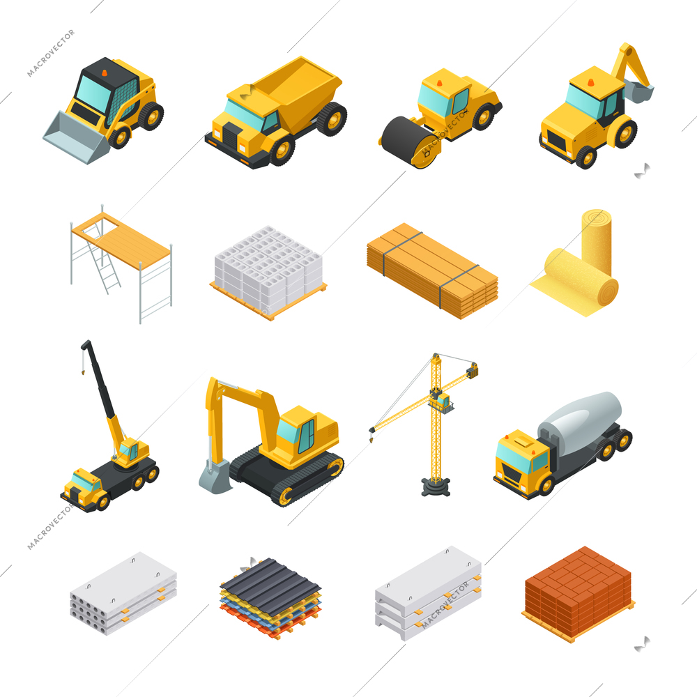 Colorful isometric construction icons set with various materials and transport isolated on white background vector illustration