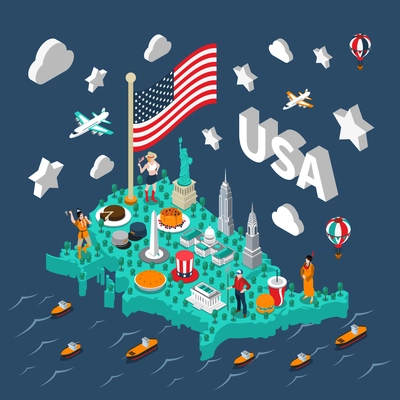 USA isometric map with touristic sights and transport on blue background vector illustration