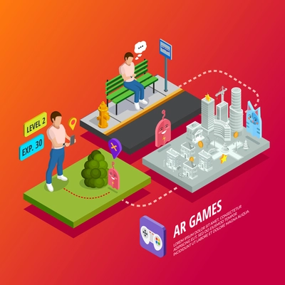Augmented reality apps and games computer entertainment technology isometric ar poster with different levels experience vector illustration