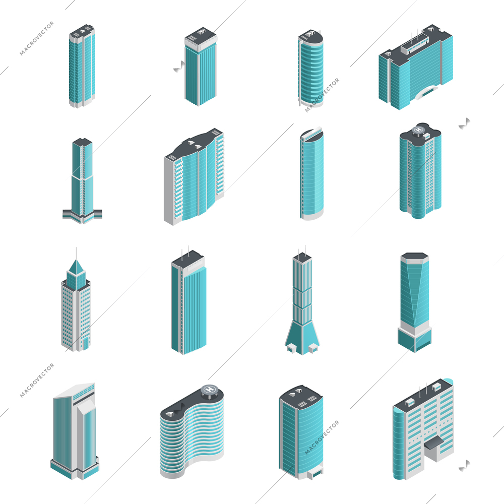 Modern many storeyed buildings and skyscrapers of different shape isolated on white background vector illustration