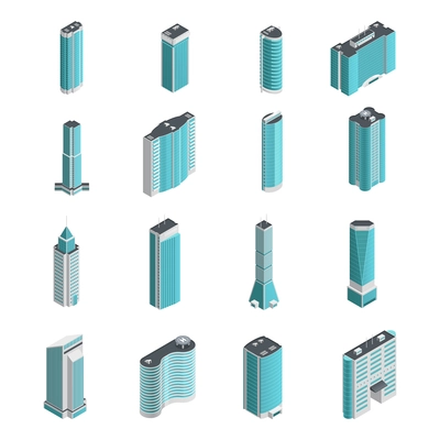 Modern many storeyed buildings and skyscrapers of different shape isolated on white background vector illustration