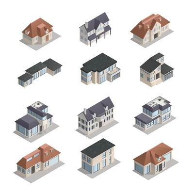 Isometric mpdern low-rise suburban houses of different shape set isolated on white background vector illustration