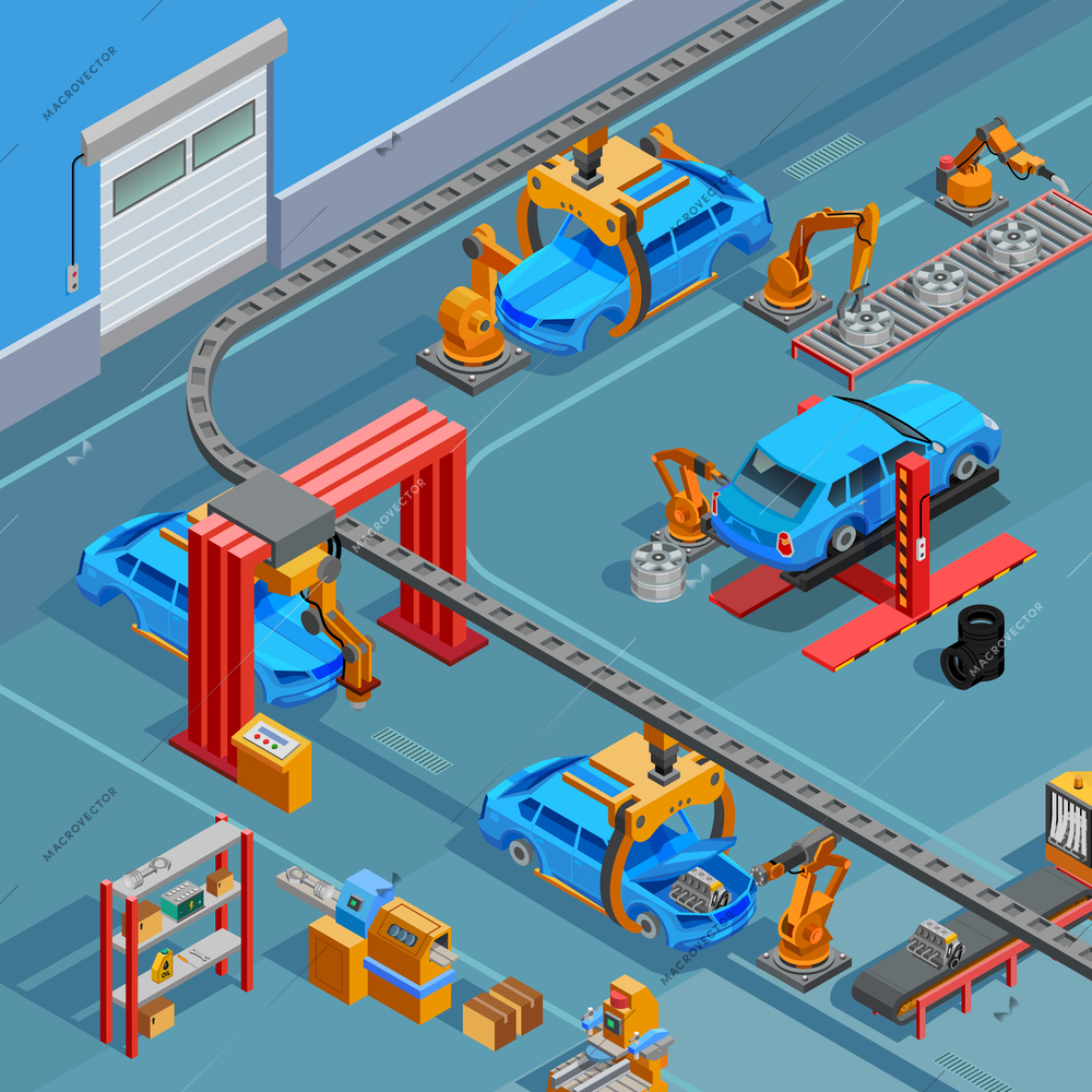 Automotive overhead chain monorail conveyor vehicles assembly line system with control over production process isometric poster vector illustration