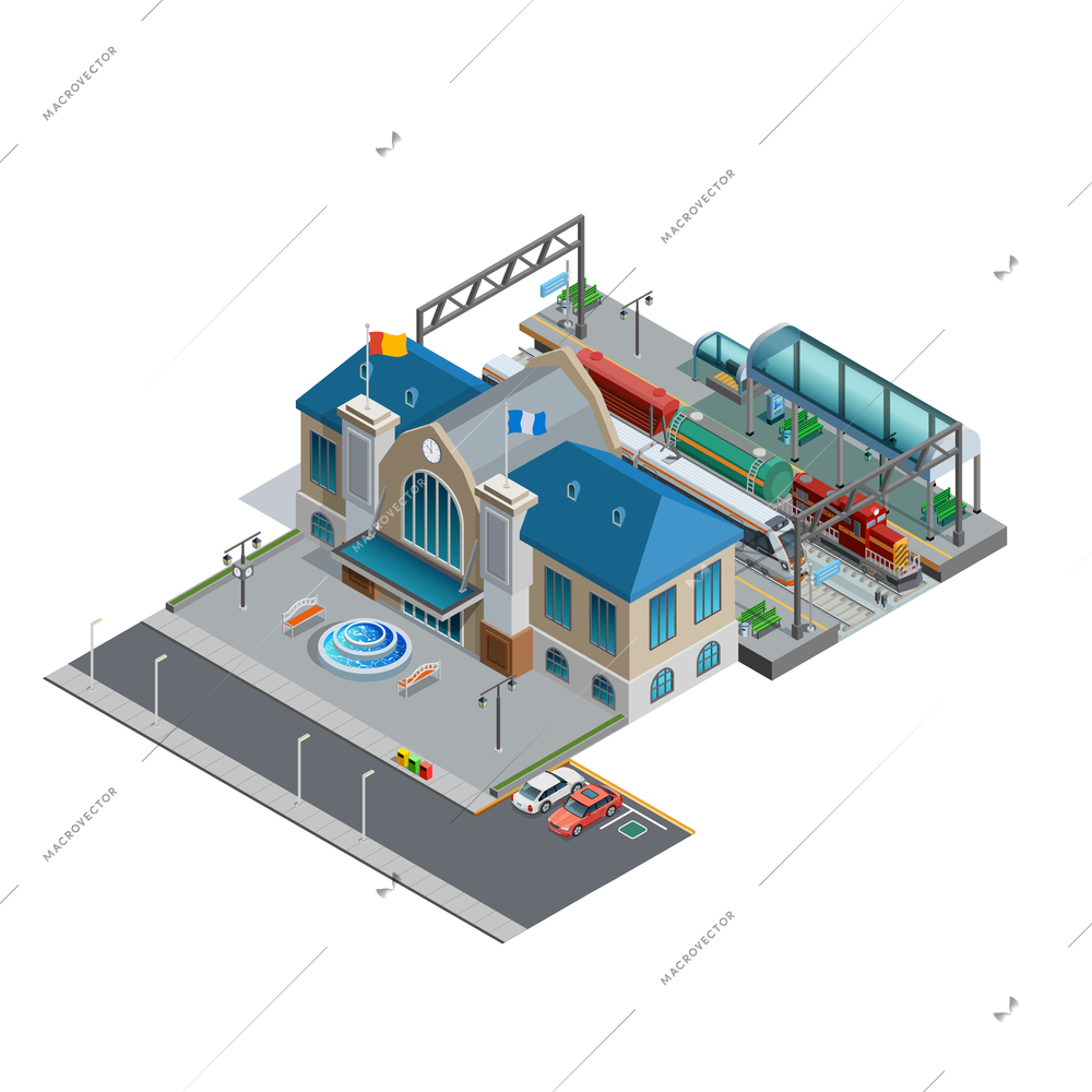 Isometric miniature of railway with station building near area parking platform passenger and freight trains vector illustration